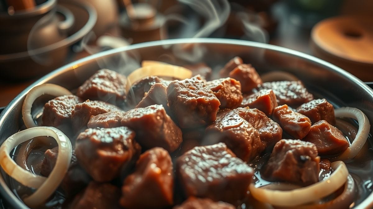 Imagem detalhada de pedaços de carne bovina cozinhando na panela de pressão com rodelas de cebola ao redor, vapor visível, ambiente de cozinha acolhedora