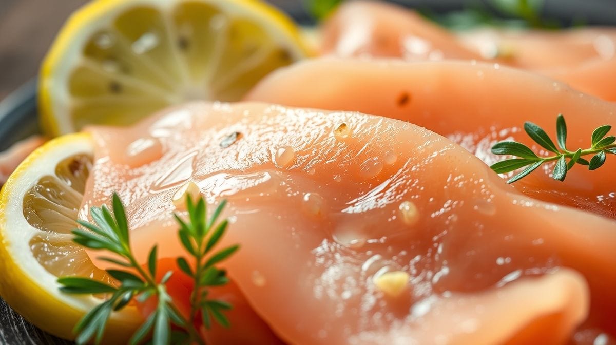 Close-up de fatias translucidas de salmão fresco para carpaccio, com detalhes do molho de shoyu sendo derramado, limão siciliano e gengibre fresco ao lado, iluminação natural suave.