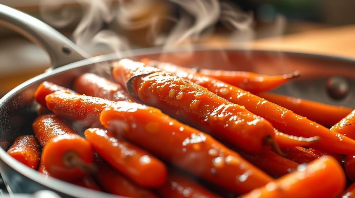 Close-up de cenouras glaceadas em frigideira de metal, mostrando detalhes do caramelizado e vapor saindo