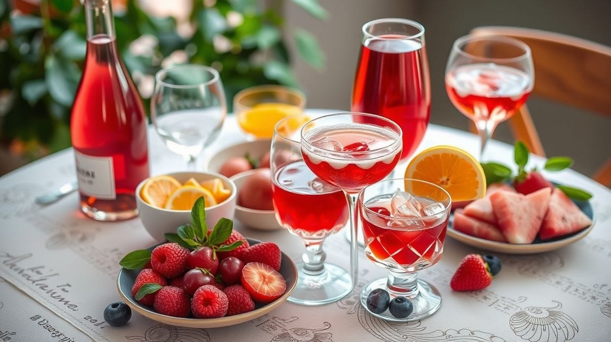 ingredientes para cléricot dispostos em mesa rústica, incluindo frutas vermelhas variadas, garrafa de vinho rosé, suco de laranja e copos transparentes com gelo