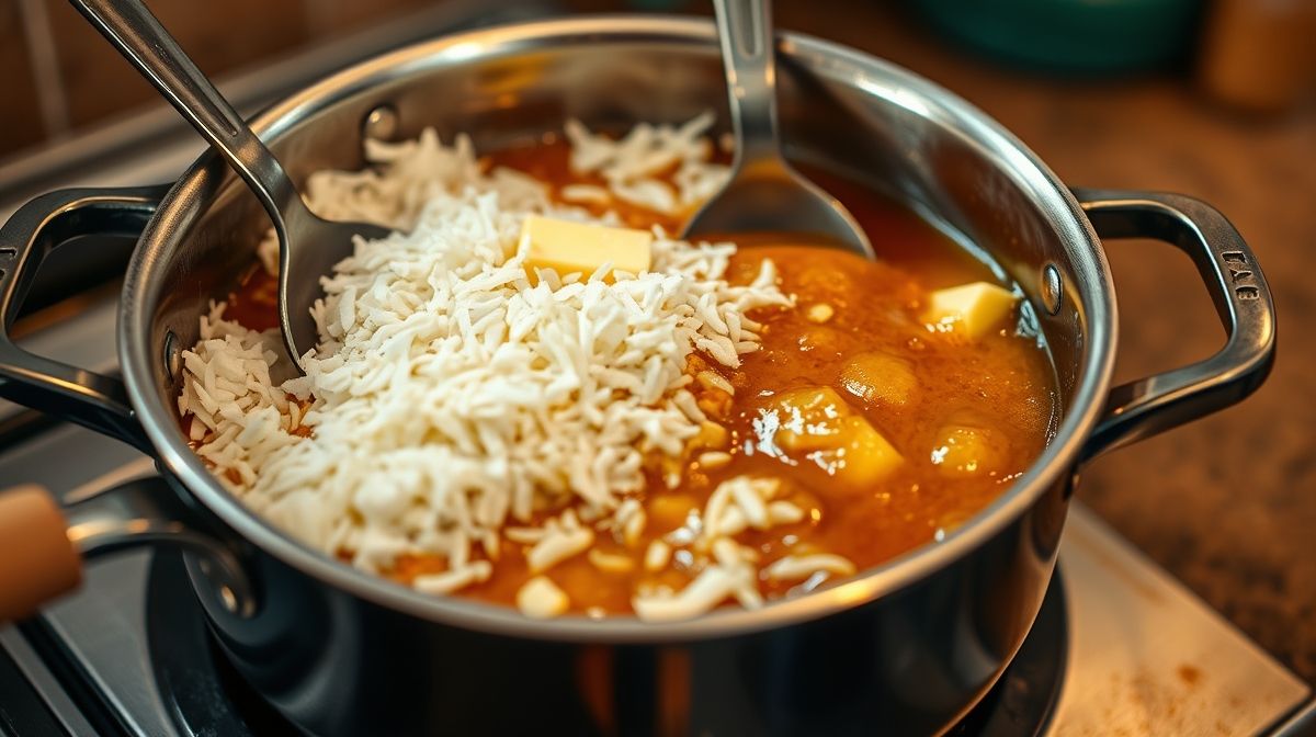 Etapas do preparo da cocada: panela no fogo médio com coco ralado, açúcar e manteiga, mostrando o processo de mistura e caramelização com colheres mexendo a mistura