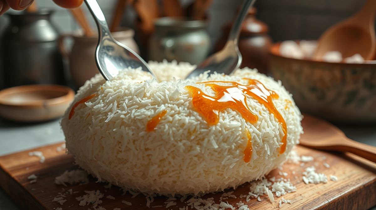 Imagem close-up de cocada fresca sendo moldada com colheres, mostrando a textura granulada do coco e o brilho da calda, ambientada em uma cozinha caseira com utensílios simples.