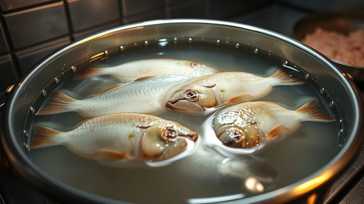 processo de dessalgar bacalhau em recipiente com água, cozinha iluminada, mostrando postas de bacalhau submersas, estilo fotográfico realista