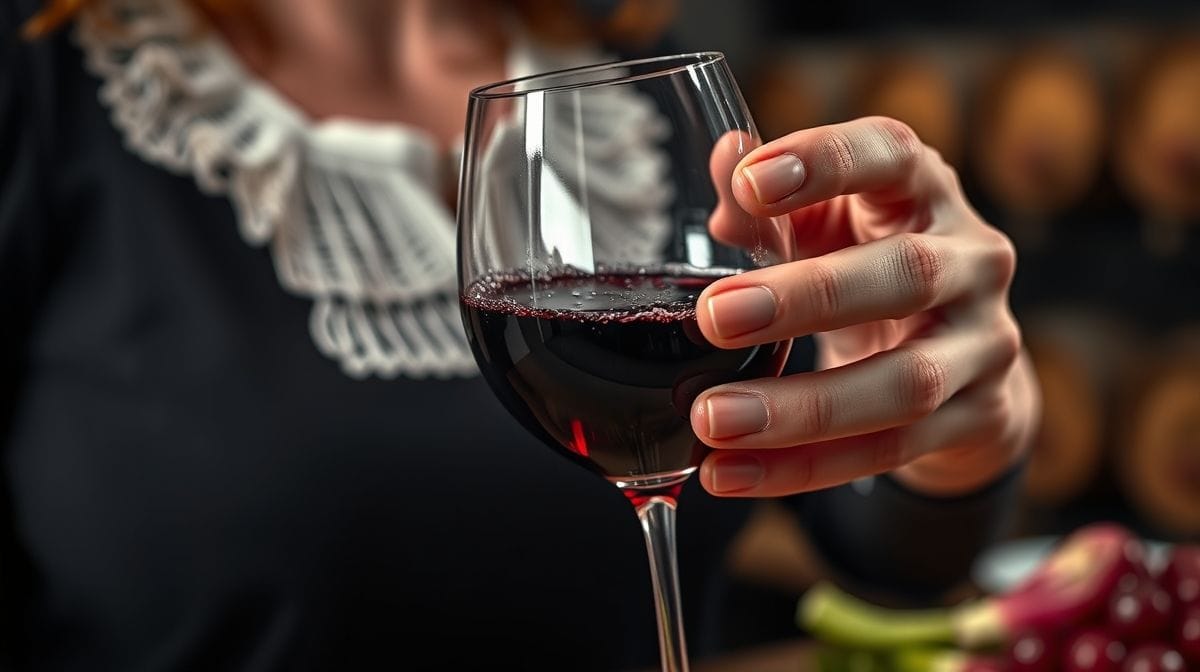close-up de uma mão segurando uma taça de vinho tinto com garrafas de vinho ao fundo, mostrando rótulos detalhados e ambiente intimista de adega