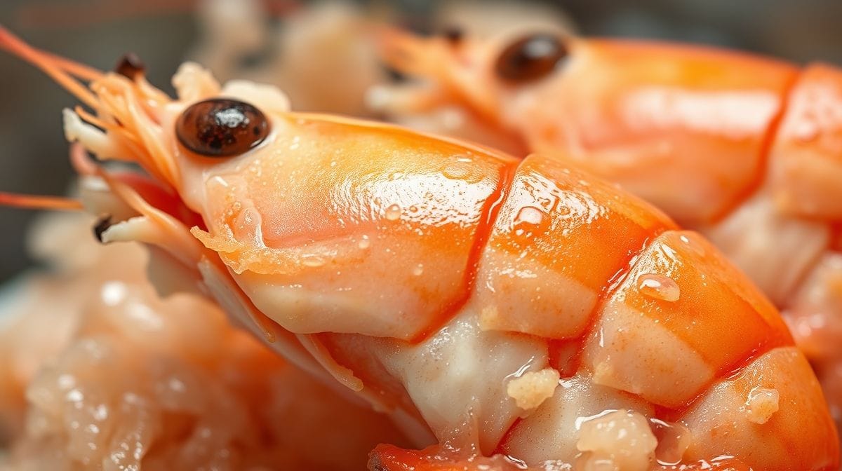 Close-up do camarão rosa dourado na manteiga em frigideira com alho e salsinha, textura apetitoso e brilho natural, estilo realista