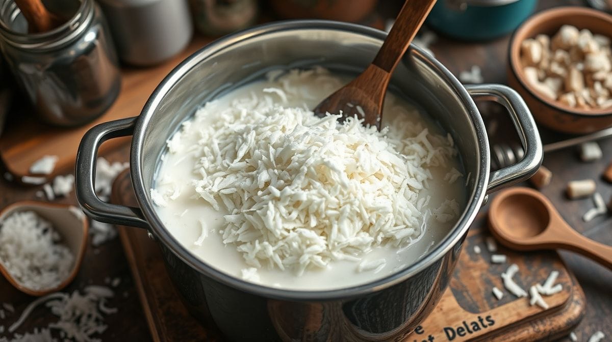 Passo a passo de preparo de cocada branca mole em uma panela, mostrando a mistura de açúcar, água e coco ralado, textura cremosa, utensílios de cozinha ao redor, estilo culinário realista