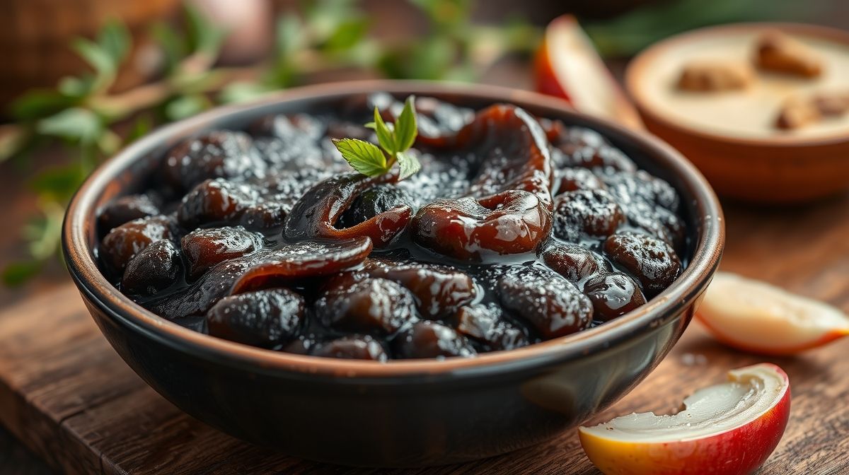 Foto detalhada de feijão cozido na panela de pressão com texturas cremosas, feijão preto e carioquinha, com um fundo desfocado de cebola e alho, ambiente de cozinha caseira