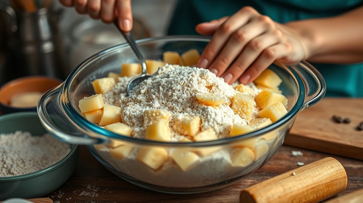 Imagem close-up do processo de empanar piabas com farinha de trigo e fubá em uma tigela, mãos envolvidas na preparação, ambiente de cozinha caseira, cores vibrantes