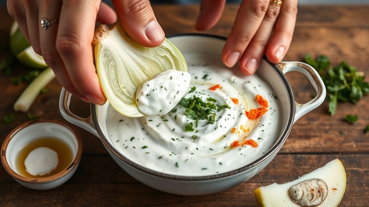 Imagem detalhada do preparo de tzatziki: pepino ralado sendo espremido com as mãos acima de uma tigela com iogurte grego, alho picado e azeite oliva ao lado, estilo cozinha caseira mediterrânea