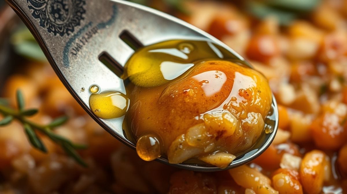 Close-up de uma mão segurando uma colher com azeite de oliva dourado, destacando a textura e cor, com fundo desfocado de ingredientes frescos de cozinha