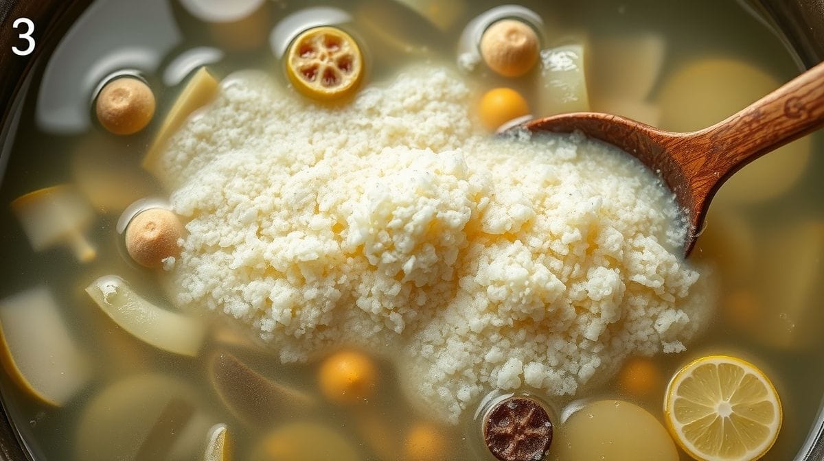 Imagem passo a passo mostrando o polvo sendo cozido com cebola, alho, folha de louro e rodelas de limão em uma panela grande de água fervente