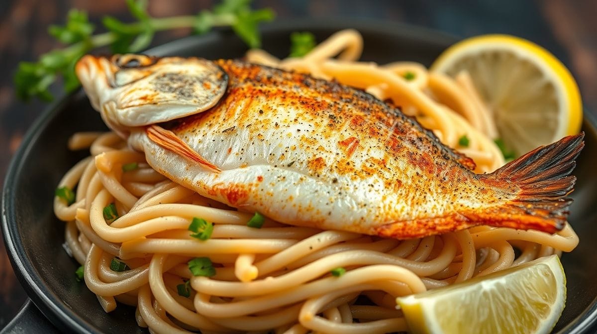 Close-up de peixe empanado crocante na airfryer com lemon pepper, textura dourada e apetitoso, sobre um prato branco com folhas frescas e limão ao lado