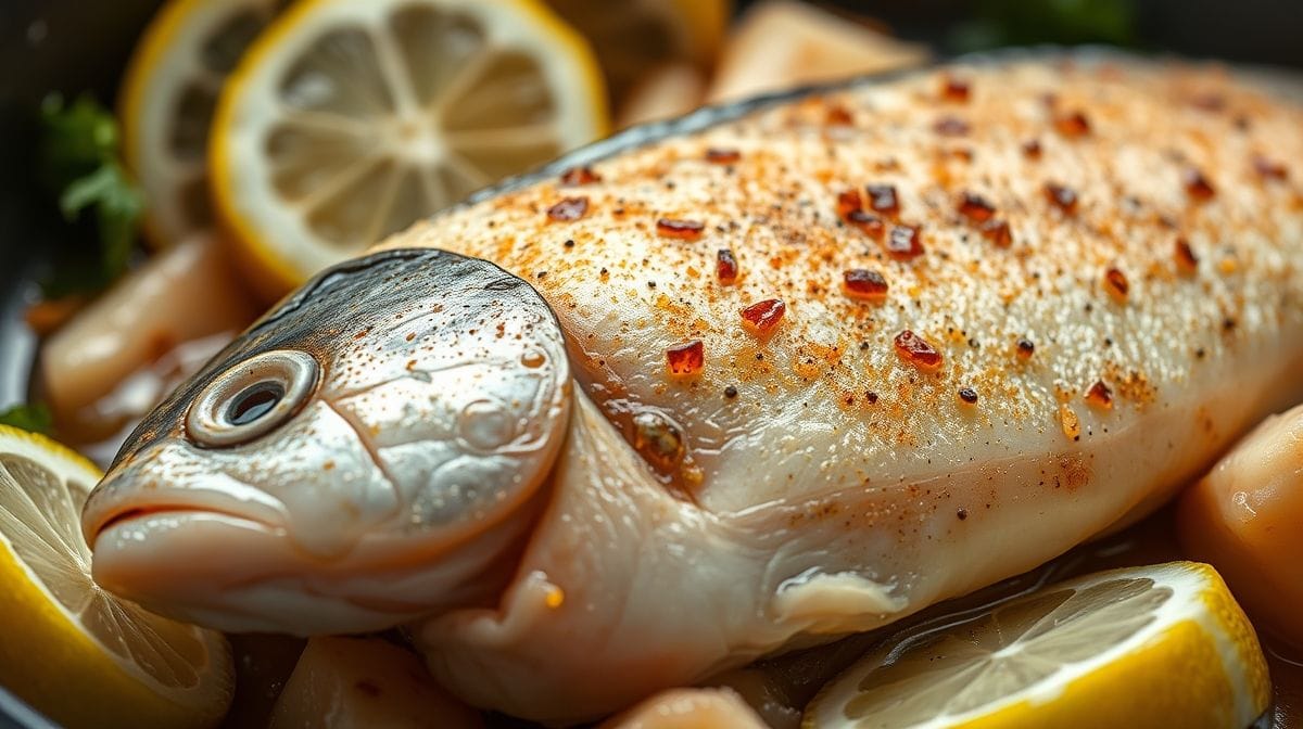 Close-up de filés de peixe sendo temperados com lemon pepper e suco de limão, ingredientes frescos ao redor, cozinha aconchegante