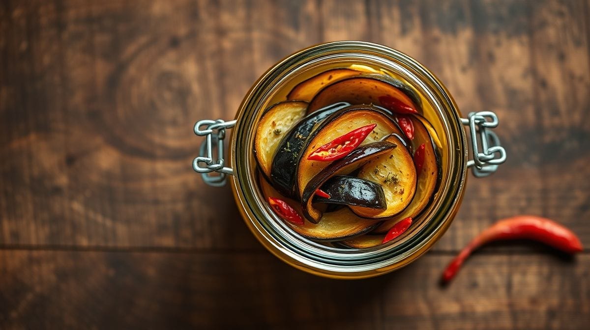 top view of glass jar filled with homemade eggplant strips conserva in olive oil with herbs and chili, wooden table, rustic style, warm tones