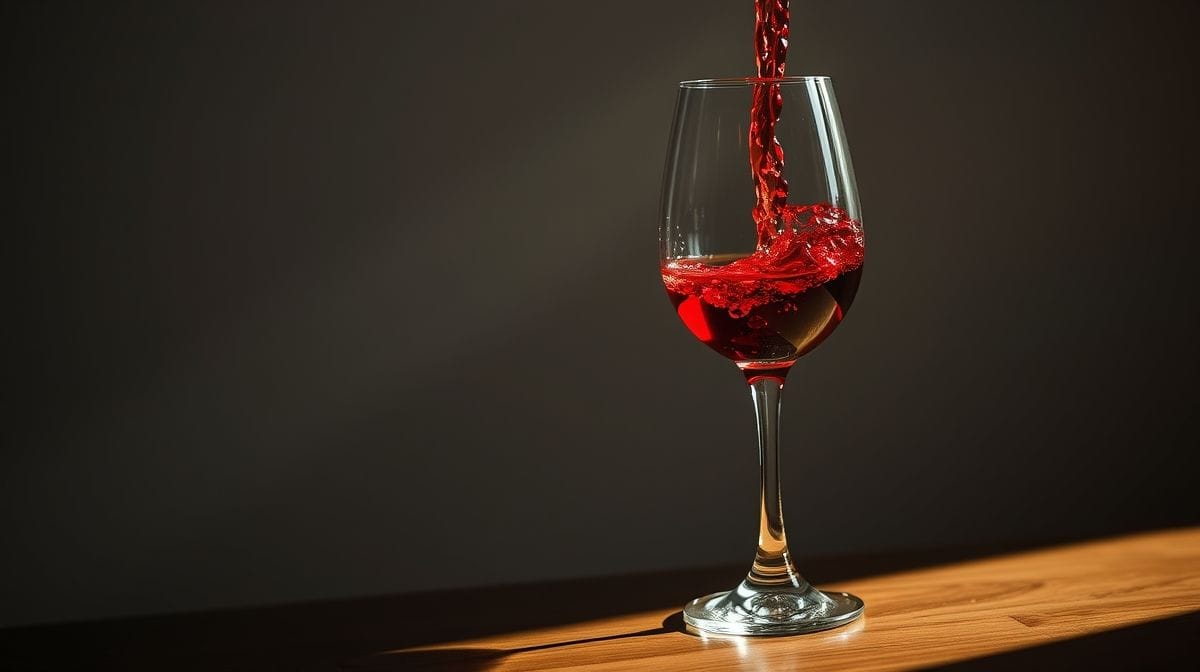 Taça inclinada com vinho exibindo cor rubi vibrante, fundo branco e iluminação natural, estilo fotográfico detalhado