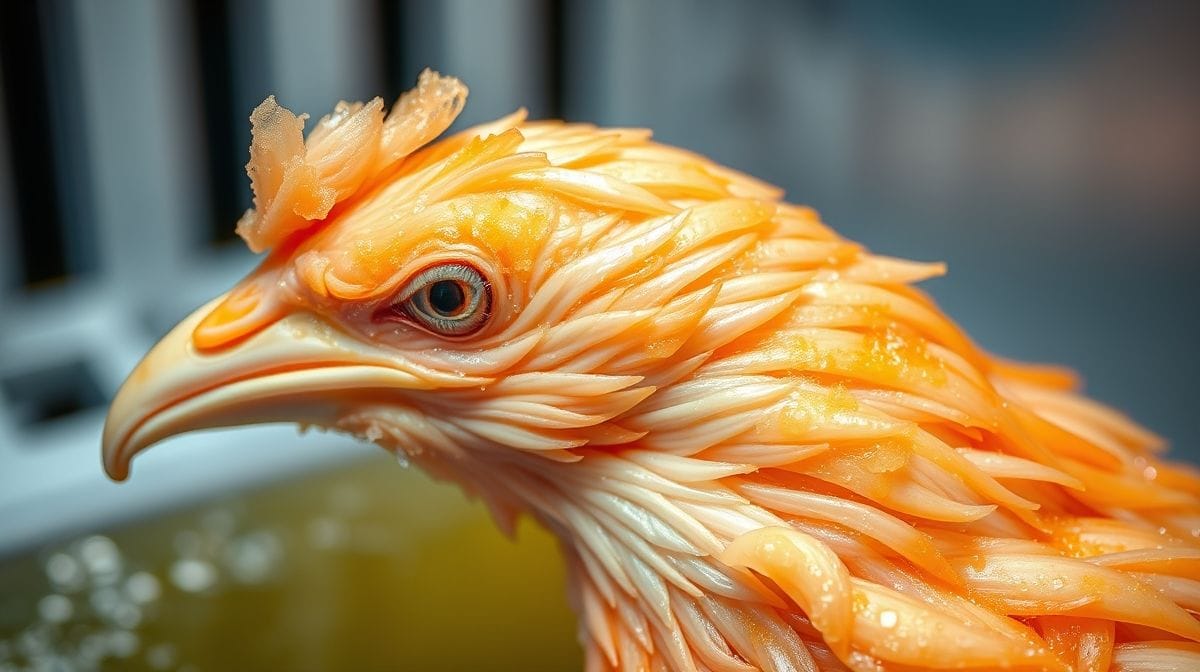 Imagem detalhada de coração de frango sendo frito na frigideira com óleo quente, com textura dourada e suculenta, close-up, estilo culinária caseira