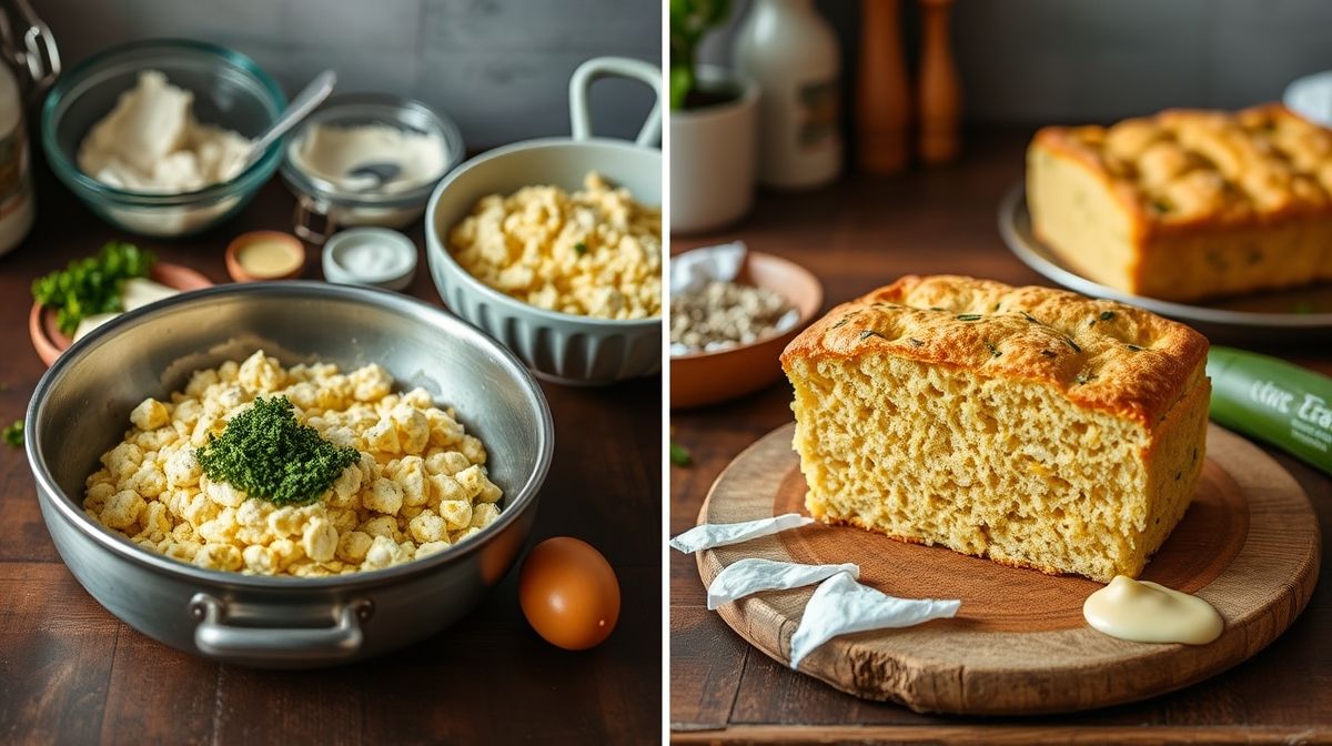 Imagem passo a passo da preparação do cornbread, ingredientes como fubá, milho verde, ovos e manteiga em tigelas, ambiente de cozinha aconchegante