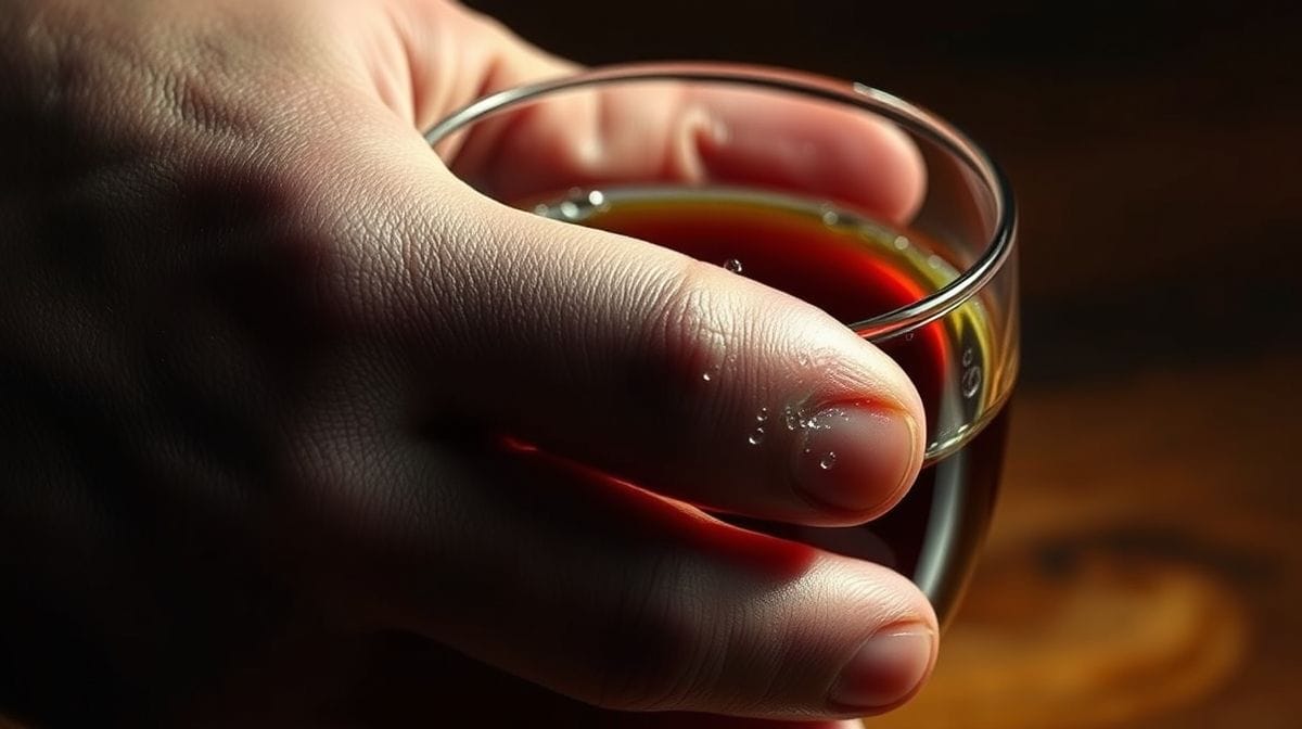 Close-up de uma mão segurando uma taça de vinho com lágrimas visíveis escorrendo pela taça, iluminada com luz suave destacando a textura e cor do vinho