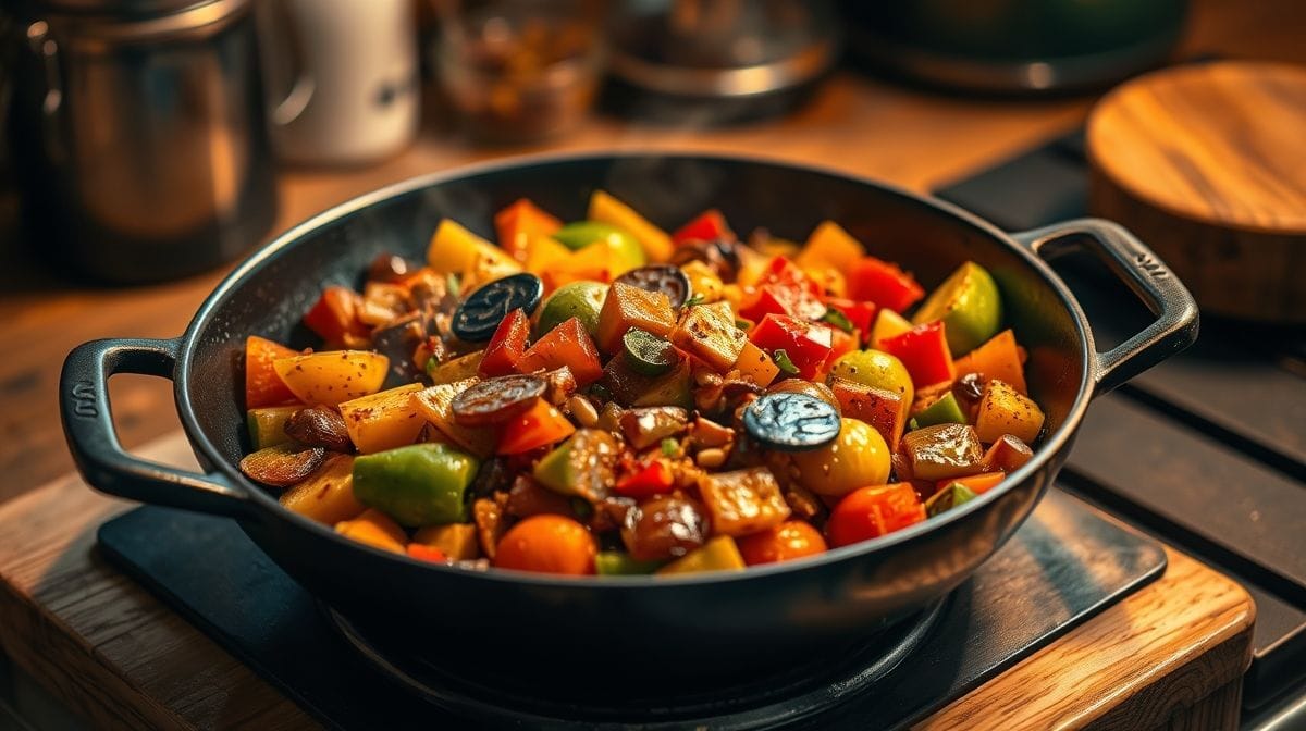 Preparação de legumes caramelizados e especiarias em frigideira na cozinha, ingredientes frescos, atmosfera acolhedora e rústica