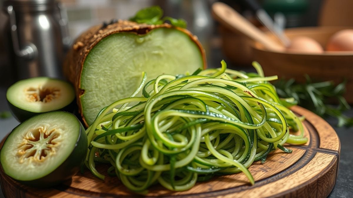 Close-up de couve cortada em tiras finas, frescas e verdes, em uma tábua de madeira com um alho picado ao lado, ambiente de cozinha aconchegante com utensílios ao fundo