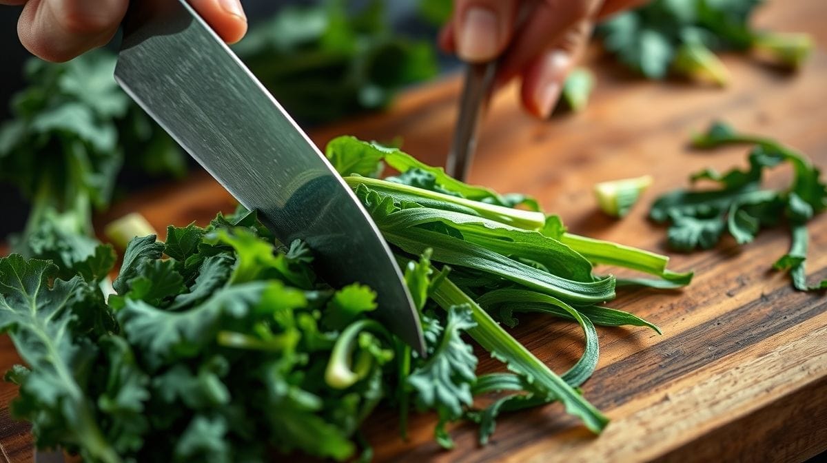 imagem de mão cortando couve em tirinhas finas sobre tábua de madeira, faca afiada, luz suave