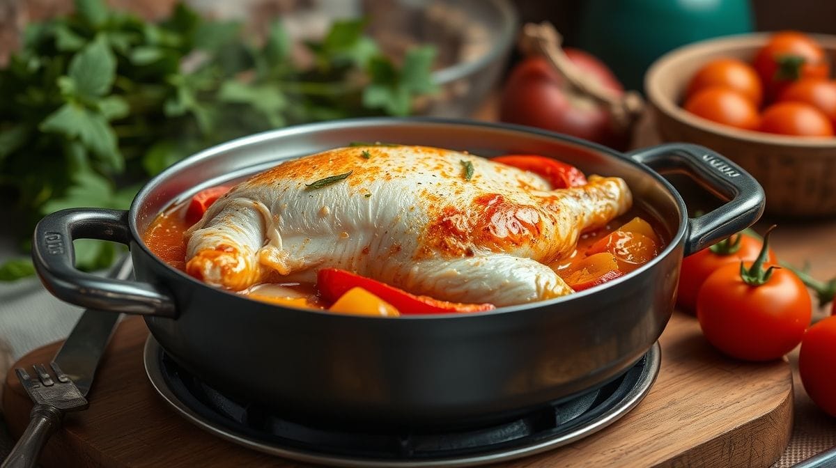 panela com coxa de frango ao molho, mostrando pimentões vermelhos e amarelos, tomate, cebola refogada, ambiente de cozinha caseira