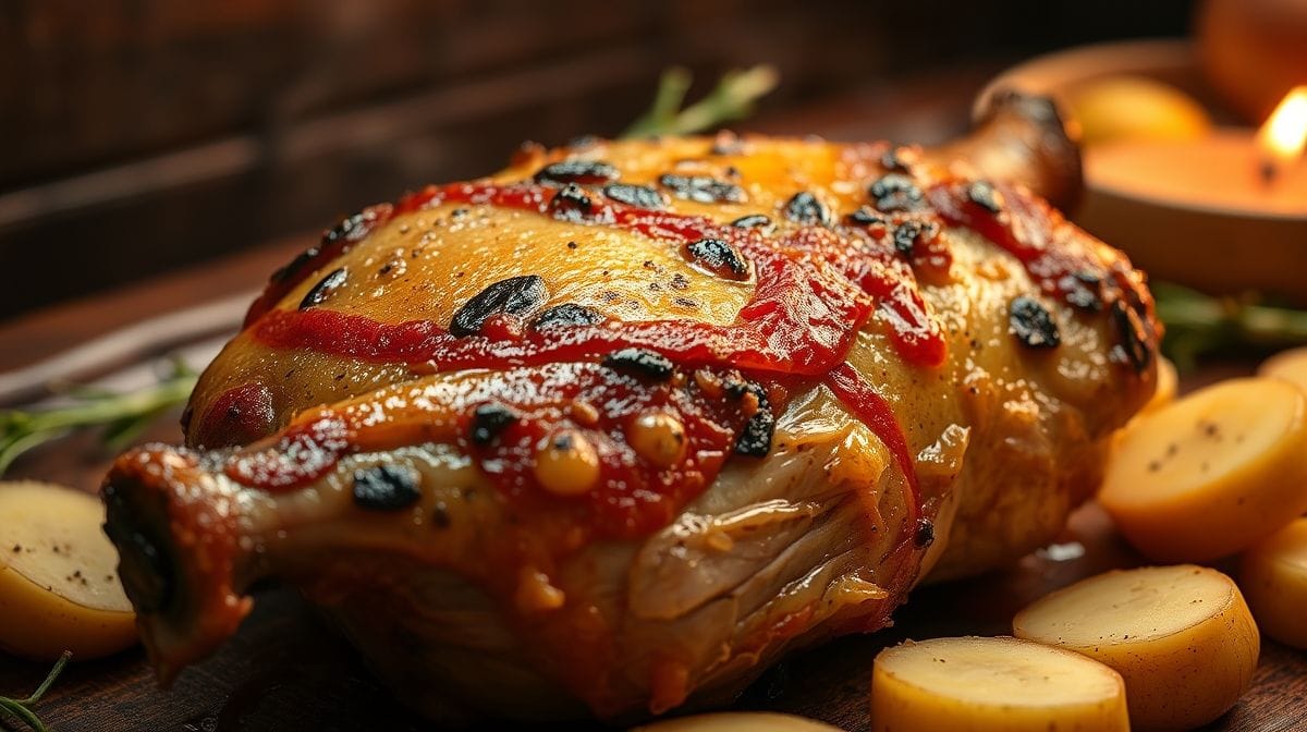 Detalhe close-up de coxa e sobrecoxa assada com maionese no forno, mostrando a pele crocante dourada e suculenta, com batatas cortadas em rodelas ao redor, ambiente de cozinha caseira