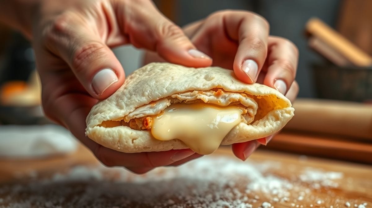 Detalhe da massa e recheio de coxinha de frango com catupiry sendo moldada à mão, textura da massa macia e recheio cremoso visível, fundo blur de cozinha caseira, imagem em alta resolução