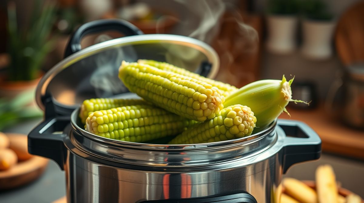 Panela de pressão aberta mostrando espigas de milho verde cozidas macias e brilhantes, ambiente de cozinha caseira, foco nítido, iluminação suave e natural