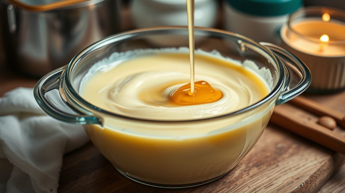 Close-up do processo de preparo do creme inglês com mel, mostrando gemas misturadas com mel em tigela de vidro, leite quente sendo adicionado lentamente, culinária caseira, ambiente acolhedor e iluminado