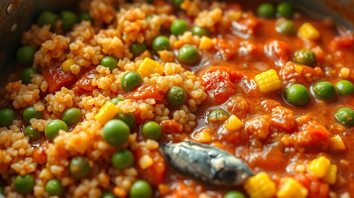 Close-up de uma panela com cuscuz sendo preparado com farinha de milho, molho de tomate, ervilha, milho e sardinhas, destacando a textura e cores vibrantes dos ingredientes, estilo food photography.