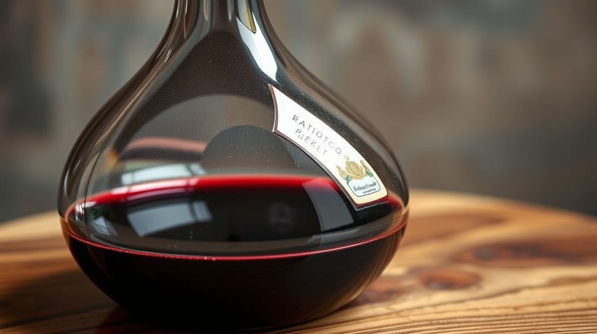 Detalhe do decanter de vinho transparente contendo vinho tinto, com foco na oxigenação do vinho dentro do recipiente em uma mesa de madeira rústica