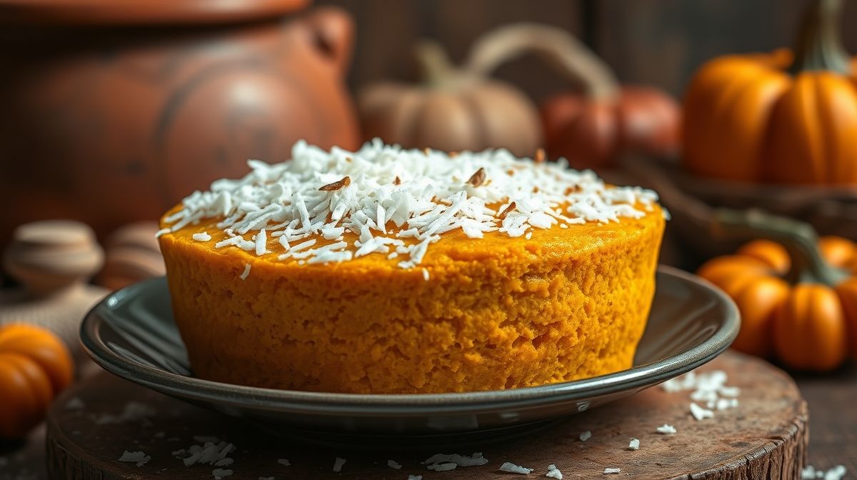 Imagem close-up do doce de abóbora cremoso com coco ralado salpicado, panela de barro ao fundo e elementos de cozinha caseira tradicional