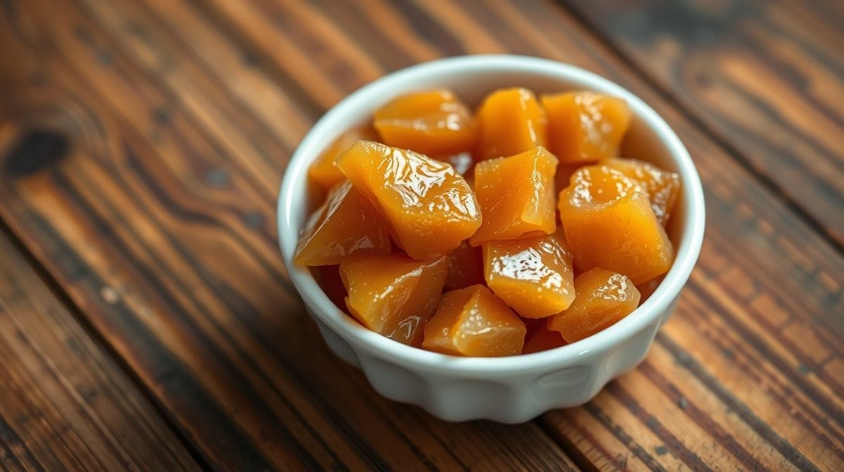 Imagem detalhada de doce de leite talhadinho em tigela branca, mostrando textura granulada e cor dourada, com fundo de madeira antiga