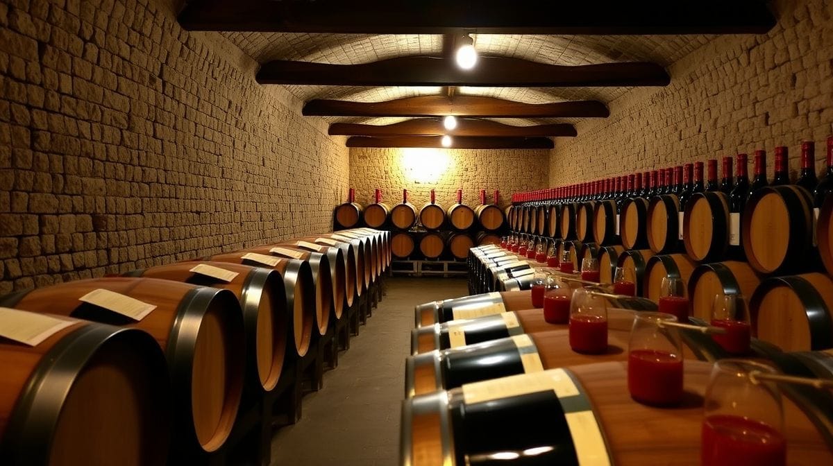 vinhos tintos e brancos envelhecendo em barris de carvalho e tonéis de inox, adega tradicional com iluminação natural