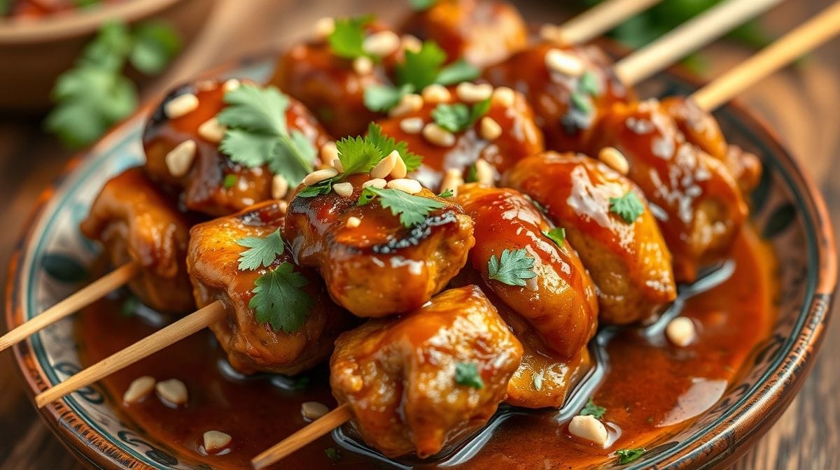 Close-up of tender chicken skewers covered in rich peanut satay sauce, garnished with chopped peanuts and fresh herbs, set on a traditional Thai ceramic plate