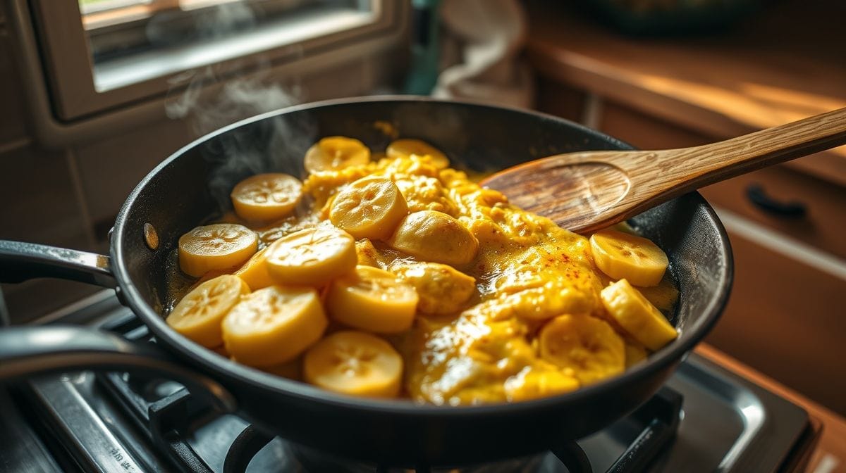 Close-up mostrando o preparo da farofa de banana com ovo na frigideira, com bananas douradas e ovos mexidos sendo mexidos, ambiente de cozinha caseira