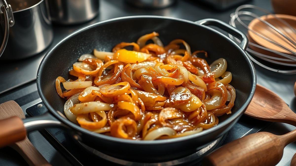 Imagem detalhada de uma frigideira com cebolas sendo caramelizadas, mostrando a textura brilhante e dourada das cebolas, com utensílios de cozinha ao redor, estilo foto culinária moderna