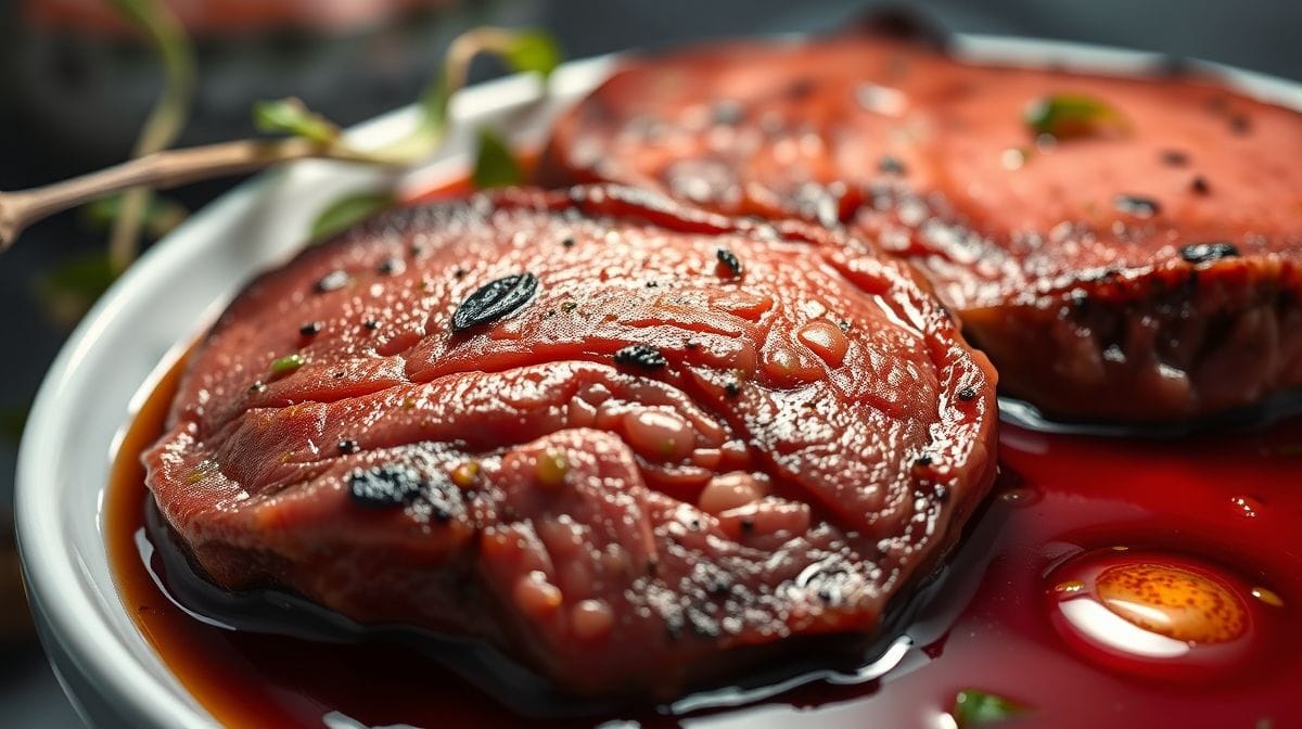 Close-up de medalhões de filé mignon sendo selados na frigideira com azeite, mostrando a carne dourada, com uma panela ao fundo contendo molho de vinho tinto aromático com ervas frescas