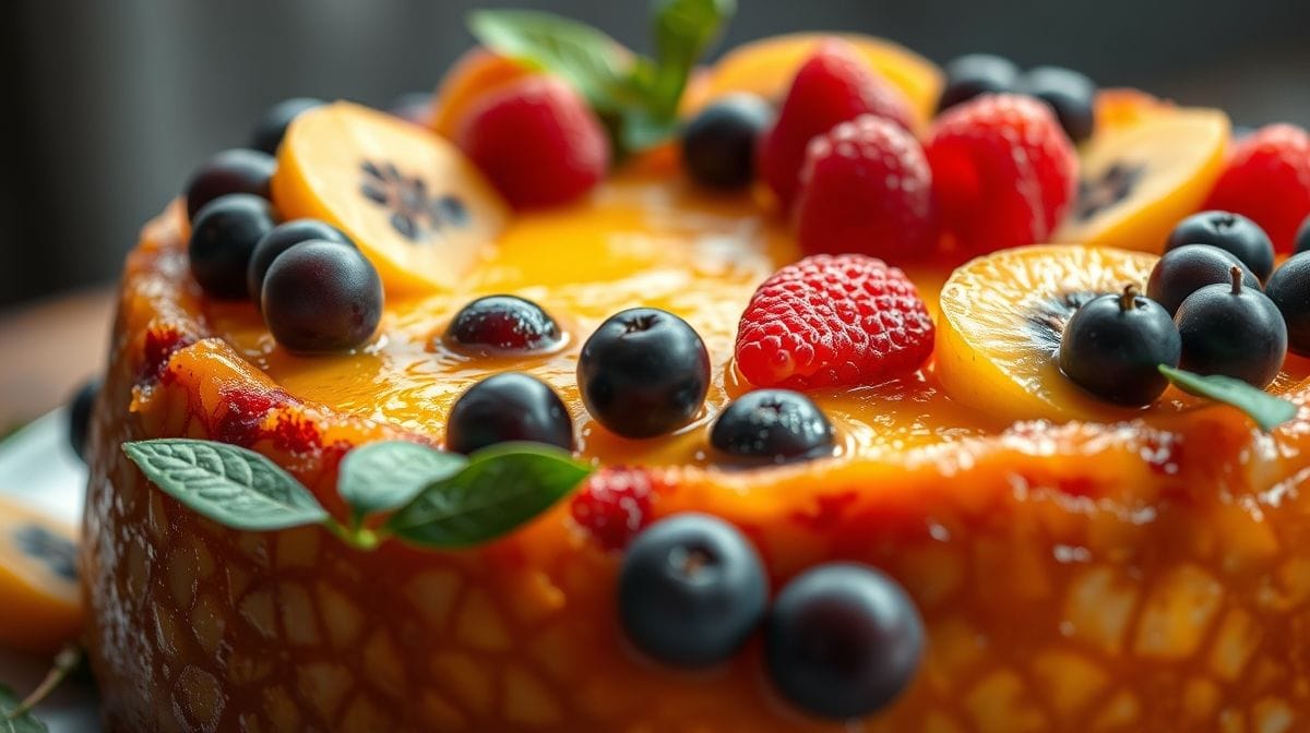 Imagem close-up de um flan de frutas variadas desenformado, com textura cremosa, frutas frescas decorativas como morangos, uvas e maracujá, sob iluminação suave para destacar cores e detalhes da sobremesa