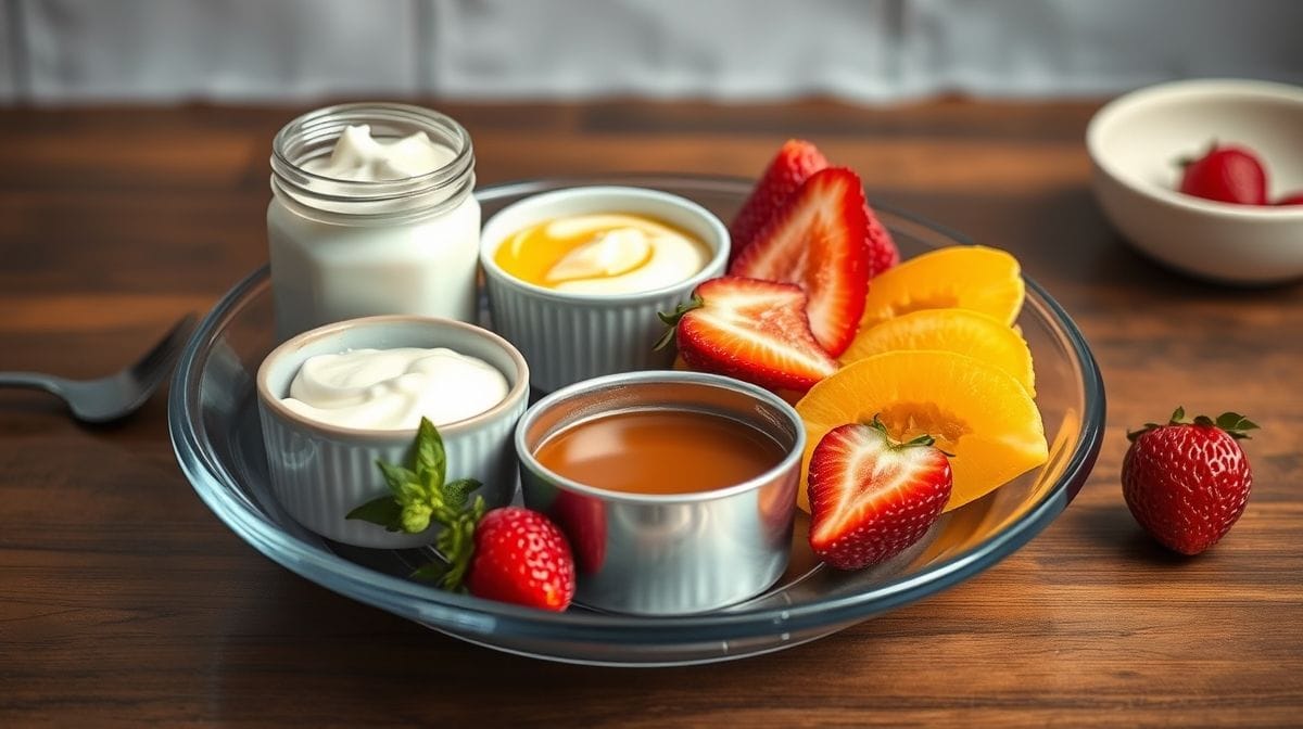 tigela com ingredientes para flan de iogurte: gelatina, mel, creme de leite, iogurte, frutas frescas ao redor, ambiente de cozinha clara e acolhedora