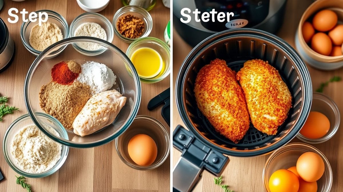 Passo a passo da preparação do frango crocante na airfryer, ingredientes como farinha panko, especiarias, ovos em tigelas transparentes, utensílios de cozinha, ambiente claro e acolhedor