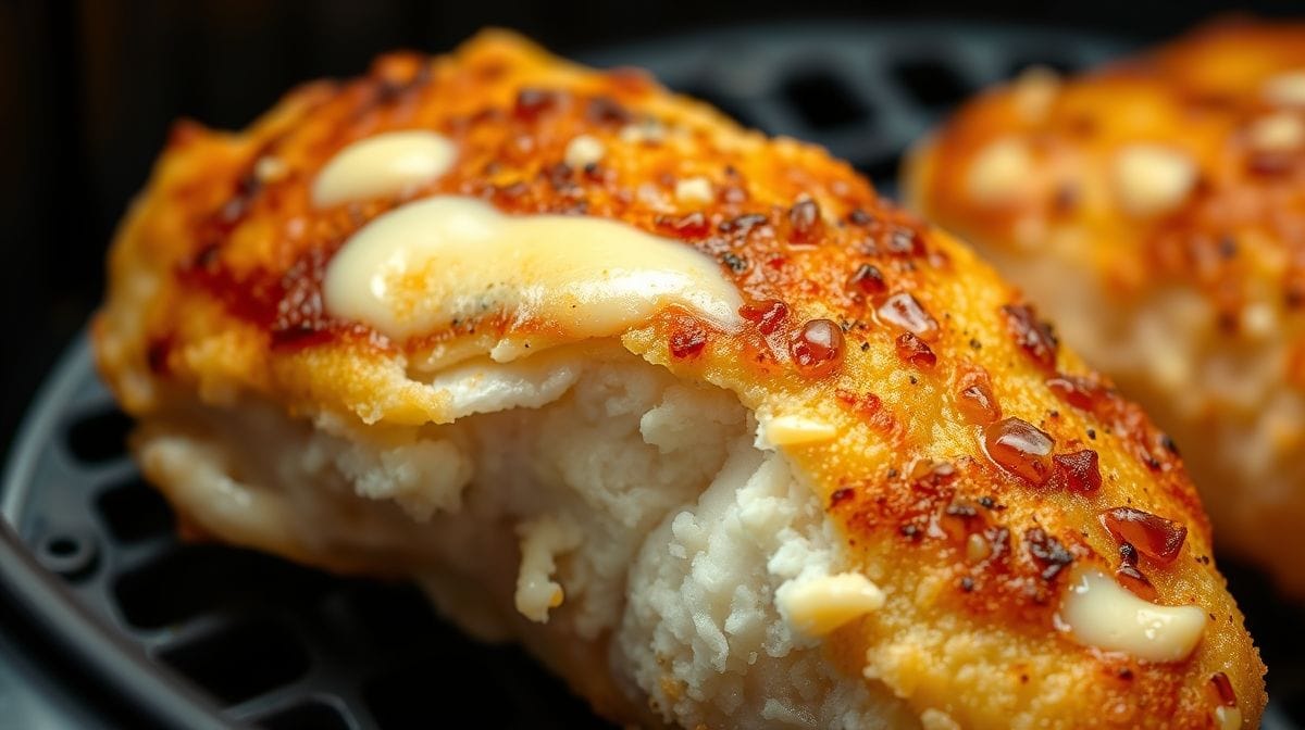 close-up de peito de frango recheado em airfryer aberto mostrando queijo derretido e presunto, textura crocante e dourada, fundo desfocado, fotografia gastronômica de alta qualidade