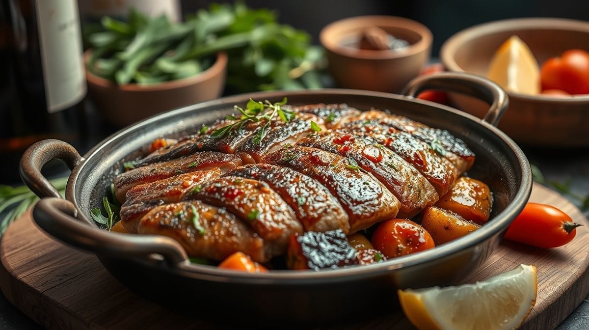 close-up de galeto gaúcho temperado com ervas frescas e vinho branco, em tábua de madeira, ingredientes ao redor, ambiente de cozinha típica sulista