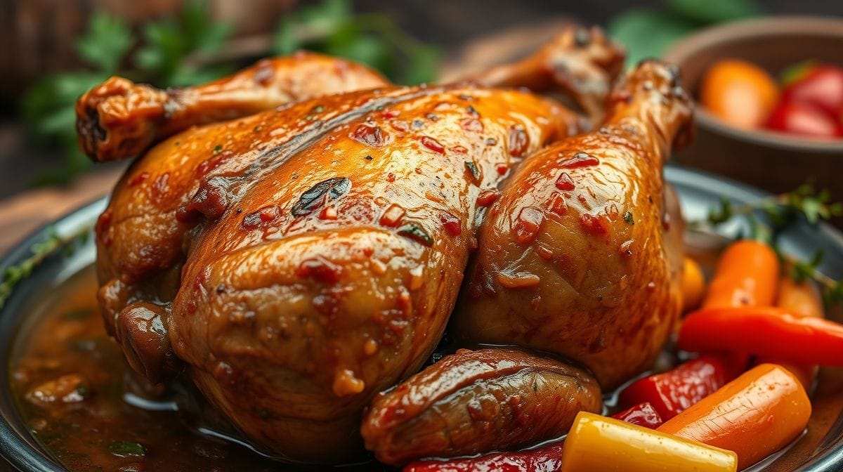 Imagem close-up da galinha caipira dourada na panela de pressão, destacando a textura suculenta da carne e o caldo espesso, com legumes coloridos ao redor, cenário culinário caseiro