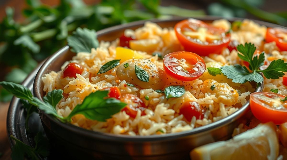 Close-up da galinhada com galinha caipira em uma tigela, mostrando os ingredientes como arroz, pedaços de galinha, tomate, pimentão e cheiro-verde, iluminação natural e cores vibrantes