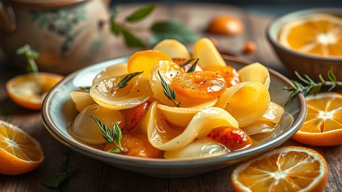 close-up de physalis frescas com cascas secas ao lado, mel em colher de madeira, alecrim e laranjas cortadas, cenário de cozinha acolhedora