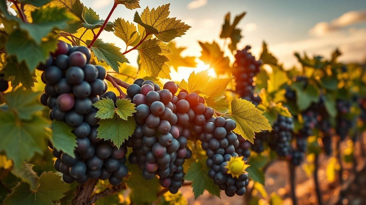 Imagem detalhada mostrando uvas Malbec, Pinot Noir, Tempranillo e Merlot em videiras ao pôr do sol, estilo fotorealista