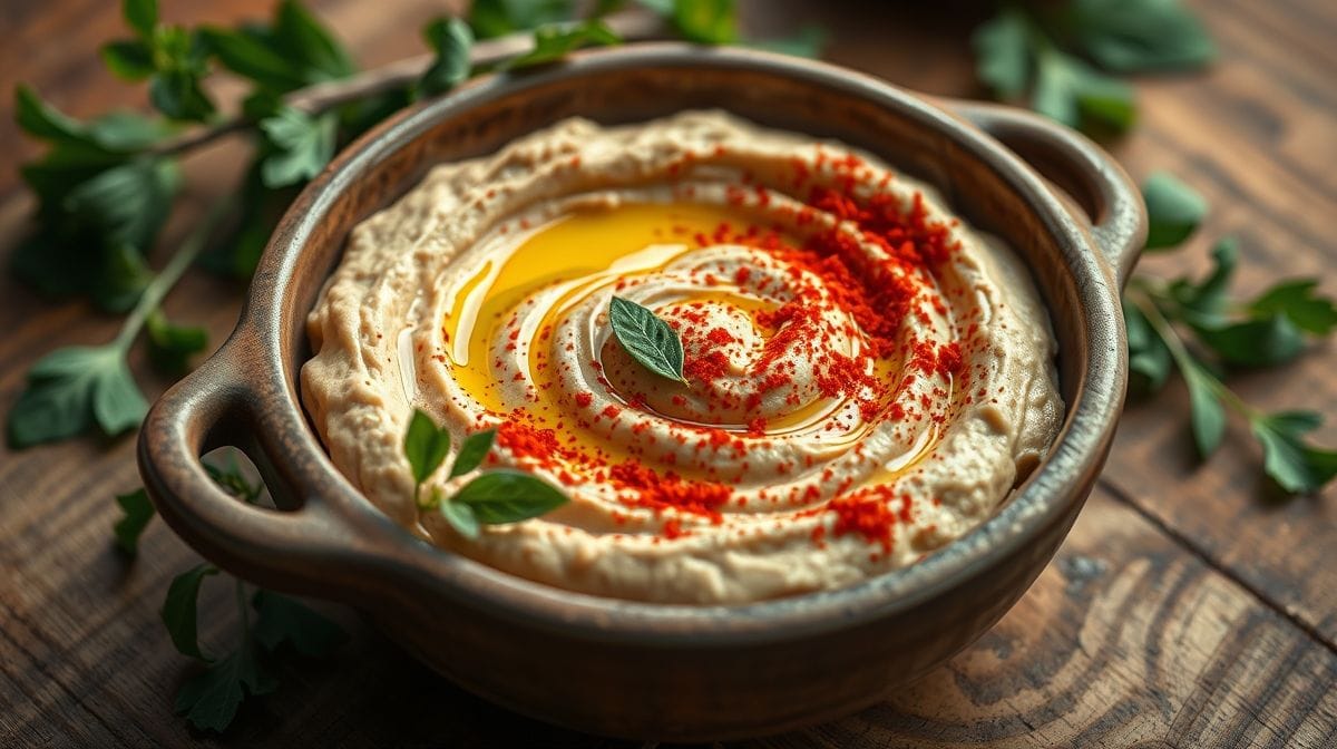 Close-up de homus de grão de bico servido em tigela rústica com pitadas de páprica, azeite de oliva e folhas verdes ao redor, em uma mesa de madeira