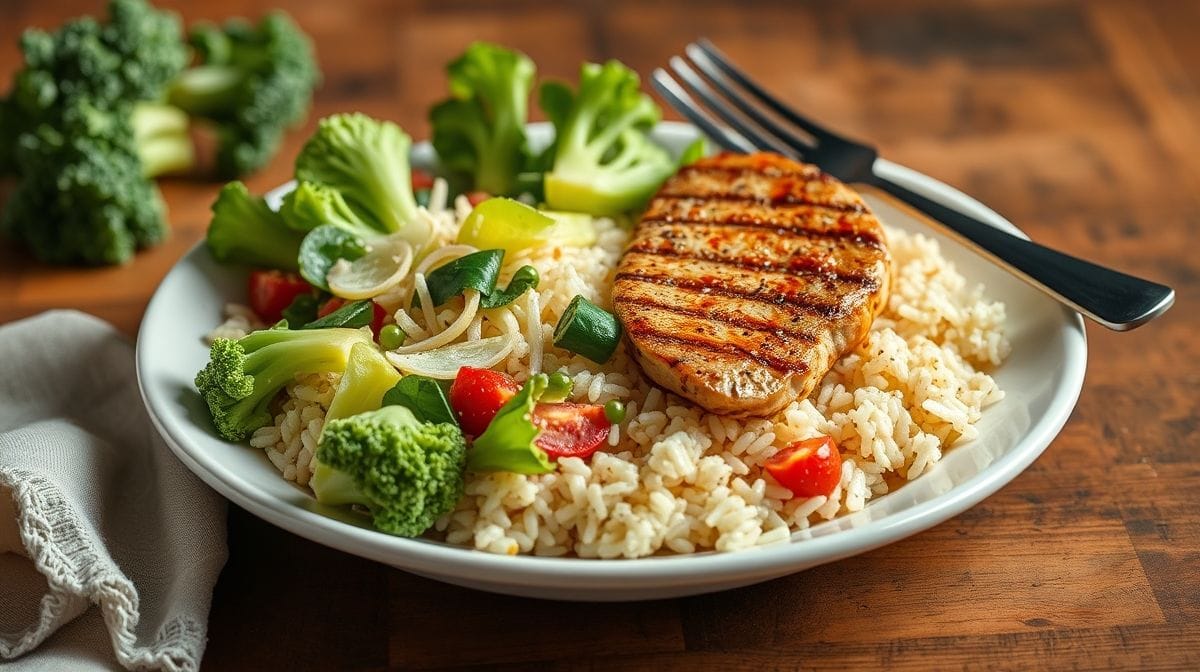 imagem de almôndegas assadas acompanhadas de salada de brócolis fresca e arroz integral, prato saudável e apetitoso servido em porcelana branca, fundo clean
